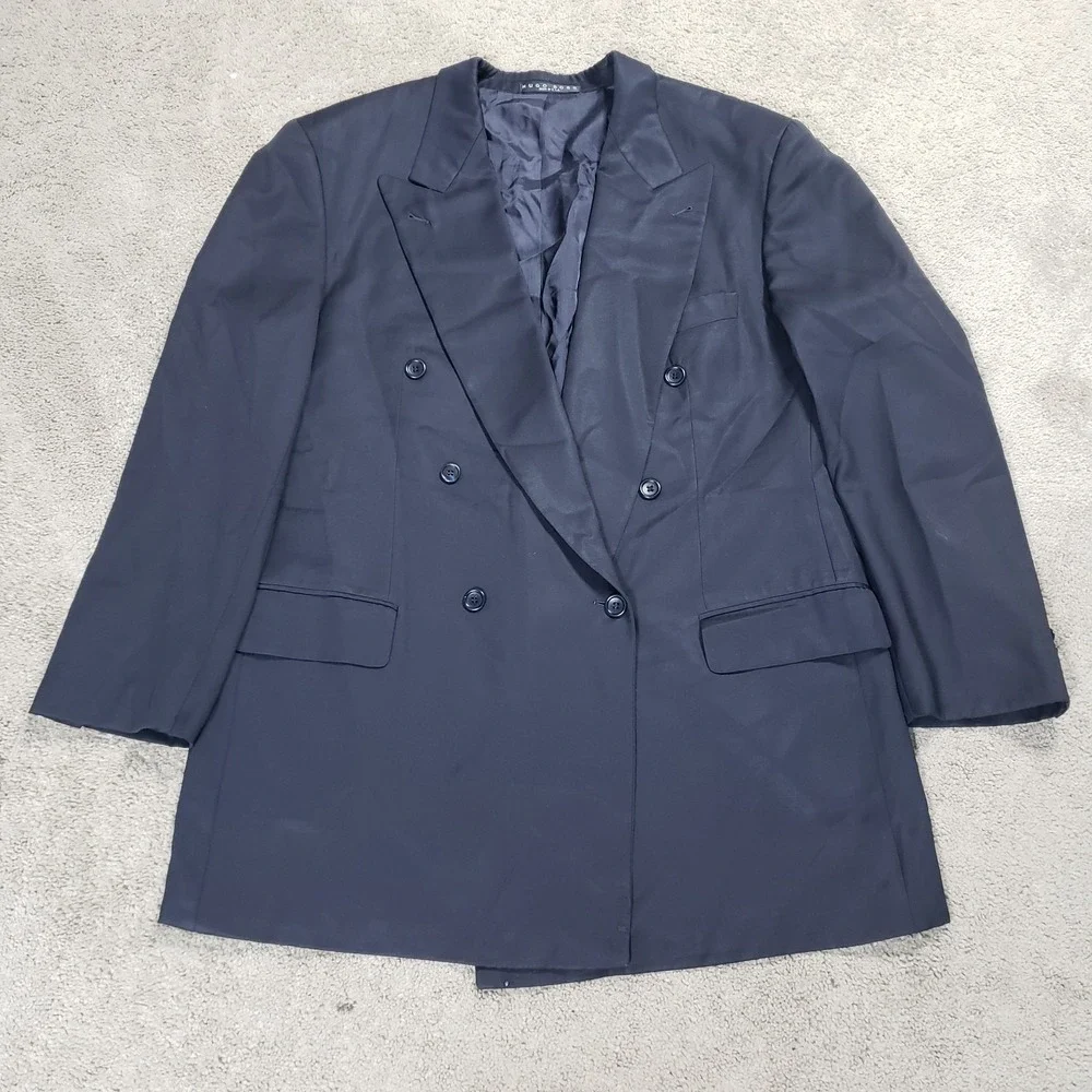 Vintage Hugo Boss Blazer Mens 48L Black Double Breasted Wool Peak Lapel Jacket